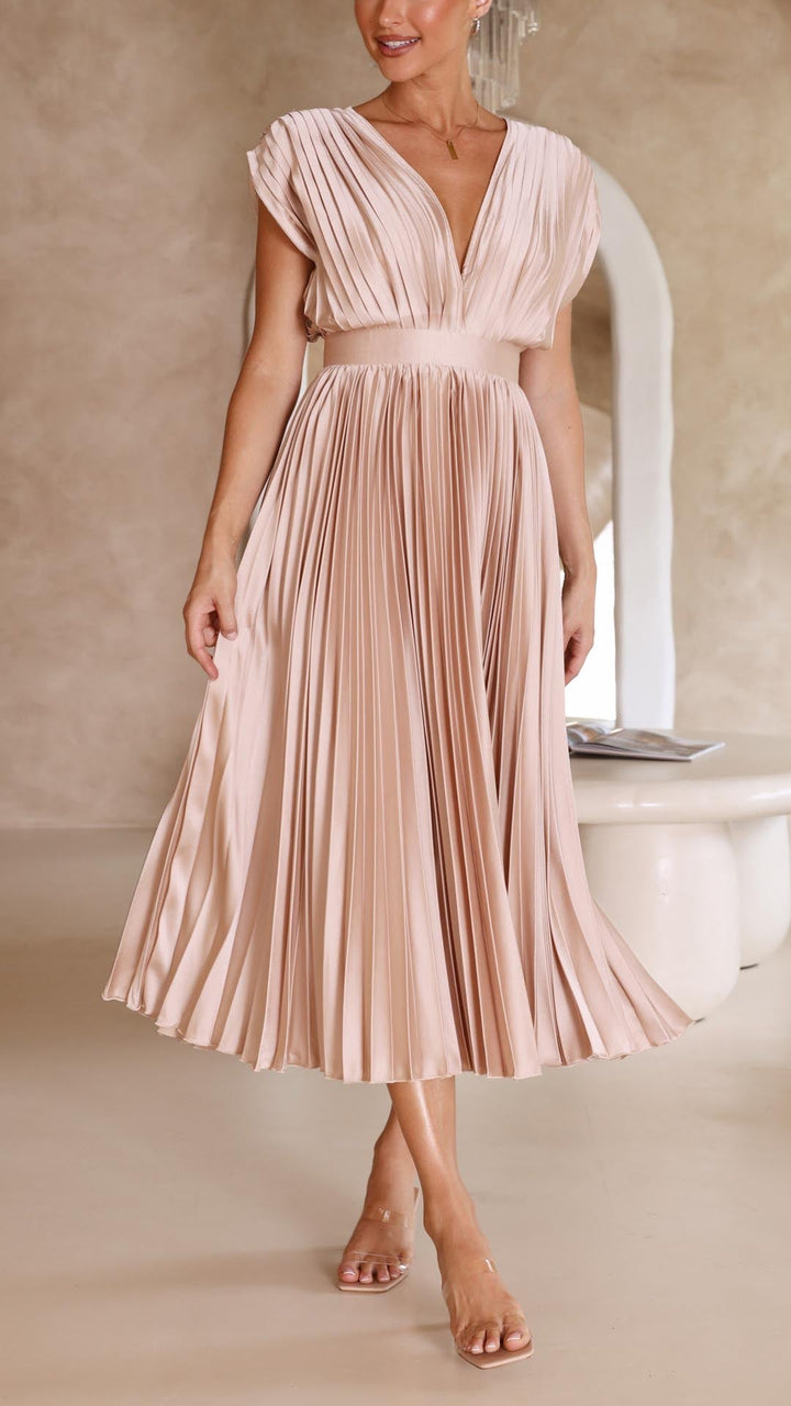 Maria | Draped V-Neck Pleated Maxi Wedding Guest Dress