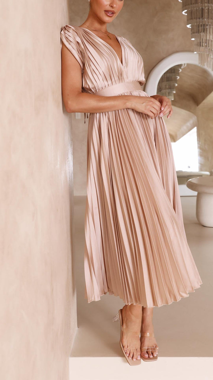 Maria | Draped V-Neck Pleated Maxi Wedding Guest Dress