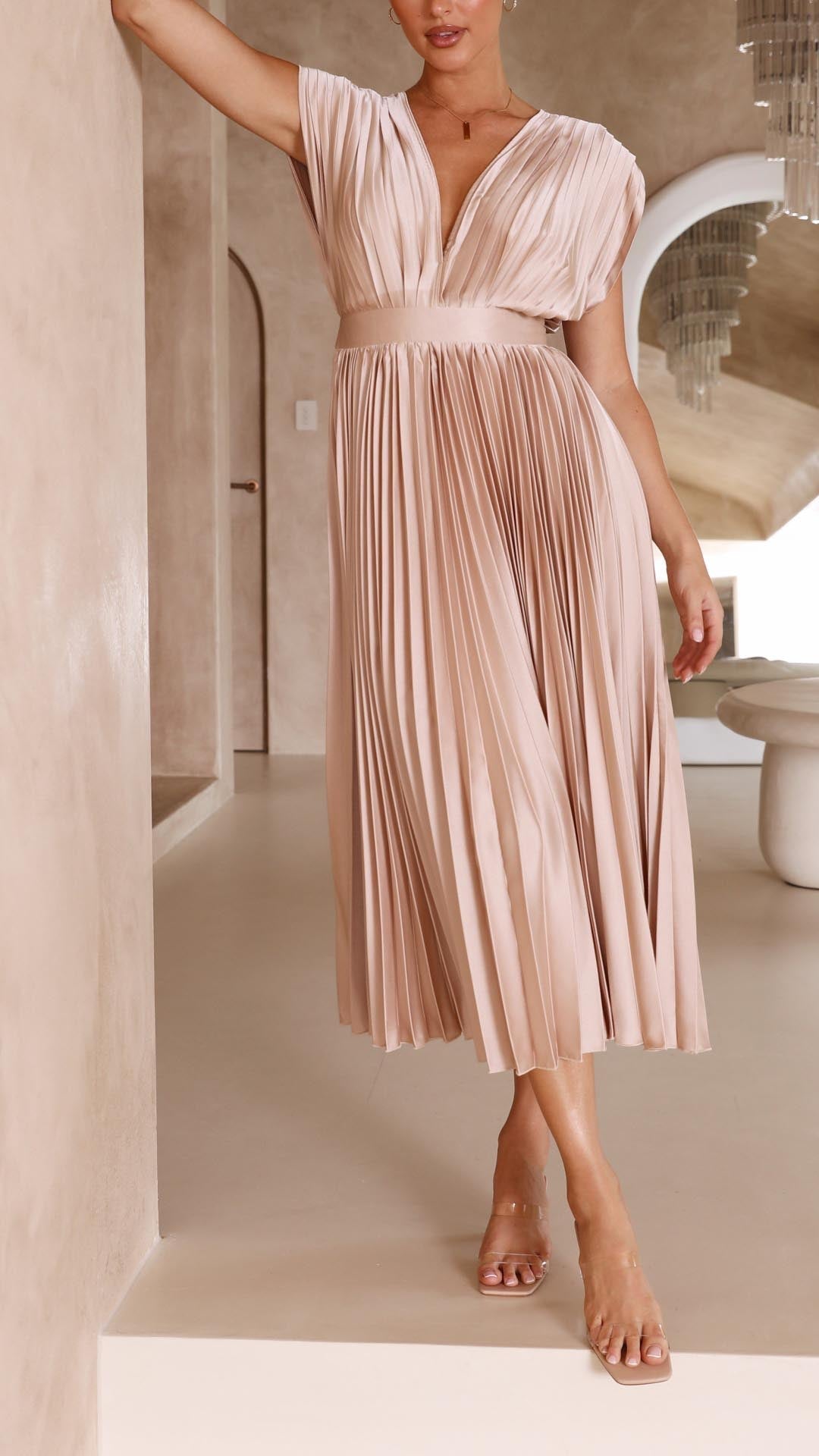 Maria | Draped V-Neck Pleated Maxi Wedding Guest Dress