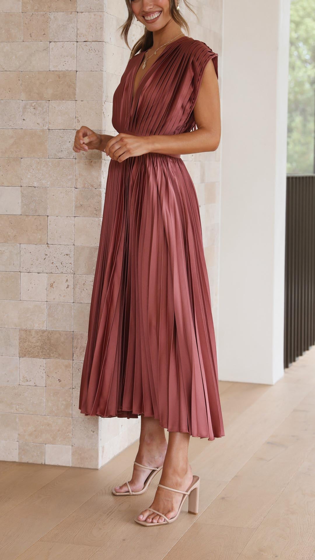 Maria | Draped V-Neck Pleated Maxi Wedding Guest Dress