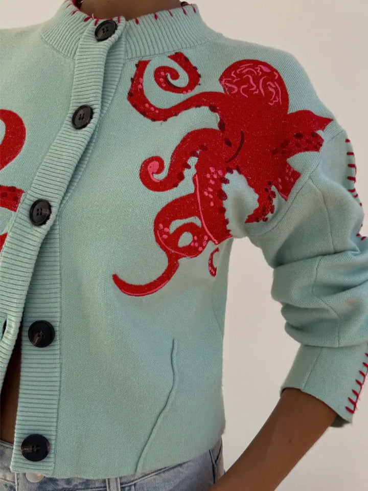 Marina | Octopus Graphic Crew-Neck Button-Up Cardigan