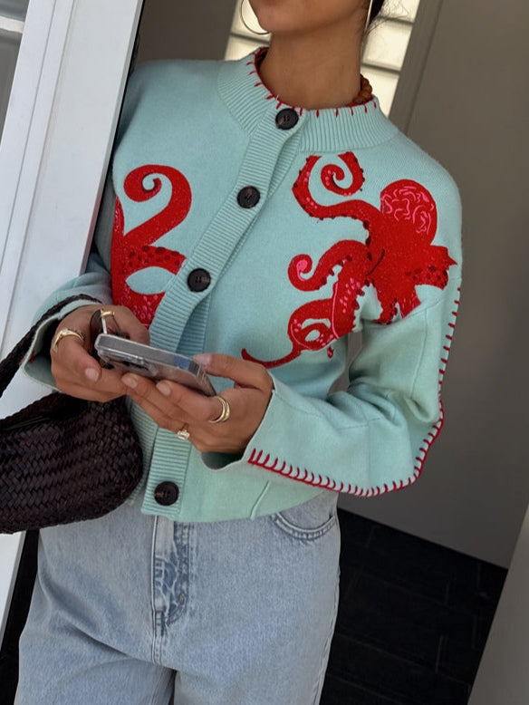 Marina | Octopus Graphic Crew-Neck Button-Up Cardigan
