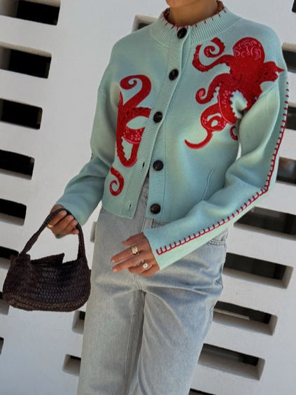 Marina | Octopus Graphic Crew-Neck Button-Up Cardigan