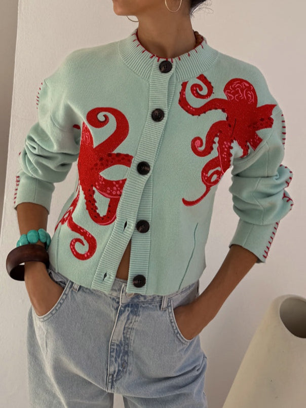Marina | Octopus Graphic Crew-Neck Button-Up Cardigan