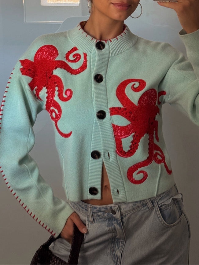 Marina | Octopus Graphic Crew-Neck Button-Up Cardigan