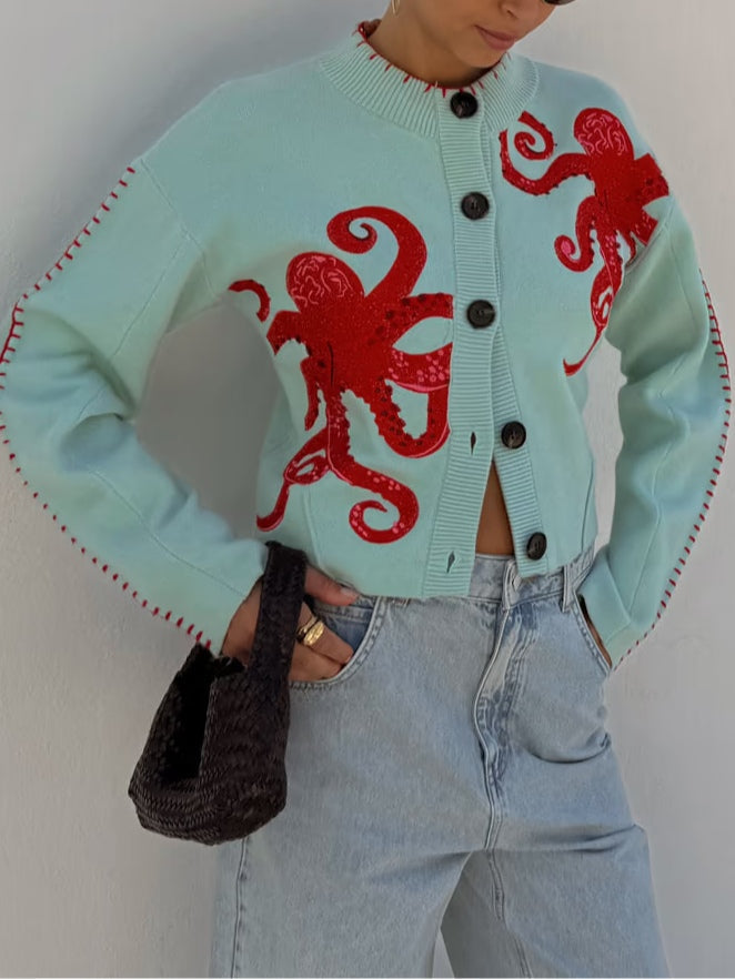 Marina | Octopus Graphic Crew-Neck Button-Up Cardigan