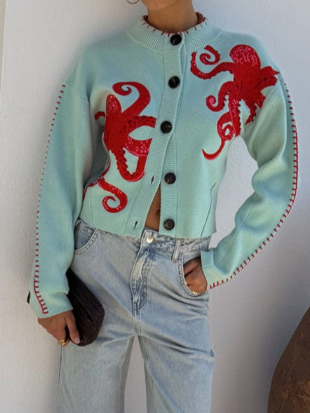 Marina | Octopus Graphic Crew-Neck Button-Up Cardigan