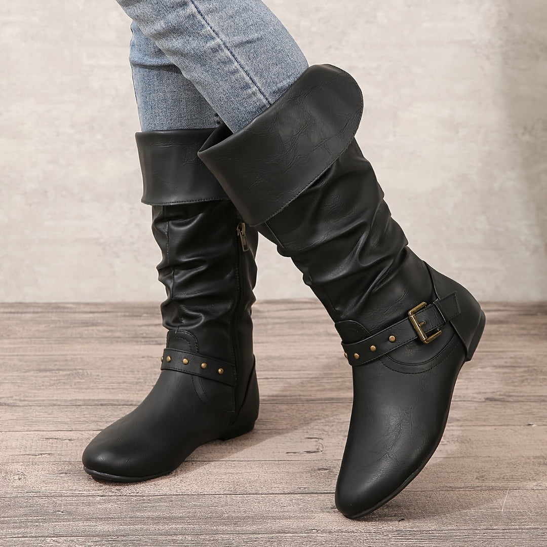 Danica | Ruched Studded-Buckle Knee-High Boots