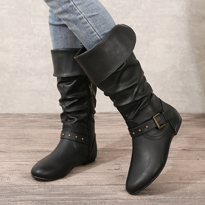 Danica | Ruched Studded-Buckle Knee-High Boots