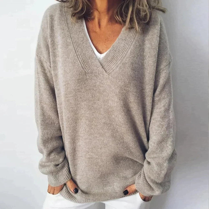 Angela | Relaxed Ribbed-Trim V-Neck Sweater