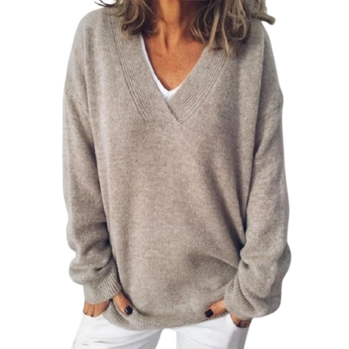 Angela | Relaxed Ribbed-Trim V-Neck Sweater