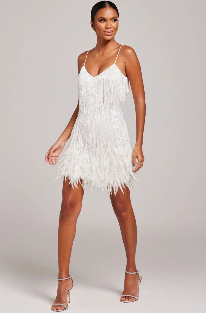 Beatrice | Beaded Fringe Feather-Trim Mini Party Dress