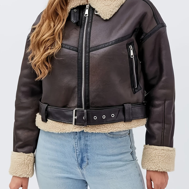 Brenda | Sherpa-Lined Belted Faux-Leather Moto Jacket for Winter