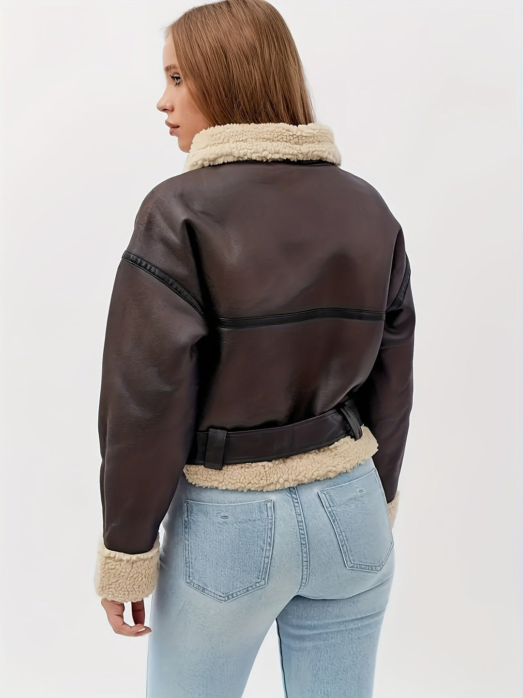 Brenda | Sherpa-Lined Belted Faux-Leather Moto Jacket for Winter