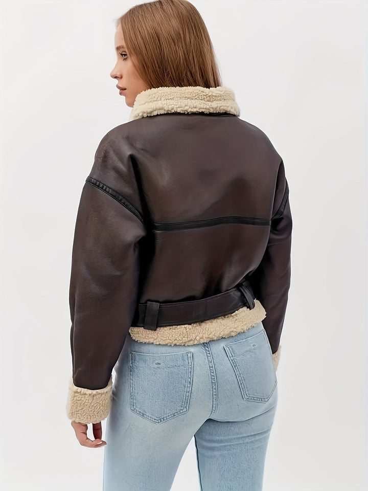 Brenda | Sherpa-Lined Belted Faux-Leather Moto Jacket for Winter