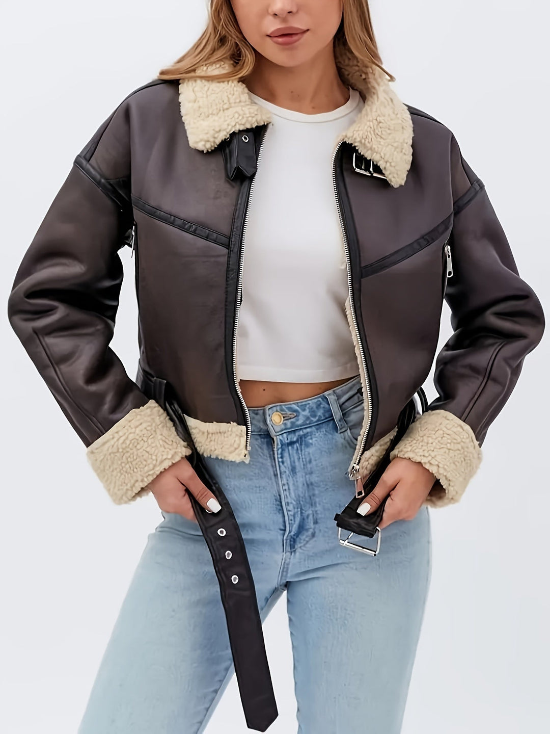 Brenda | Sherpa-Lined Belted Faux-Leather Moto Jacket for Winter