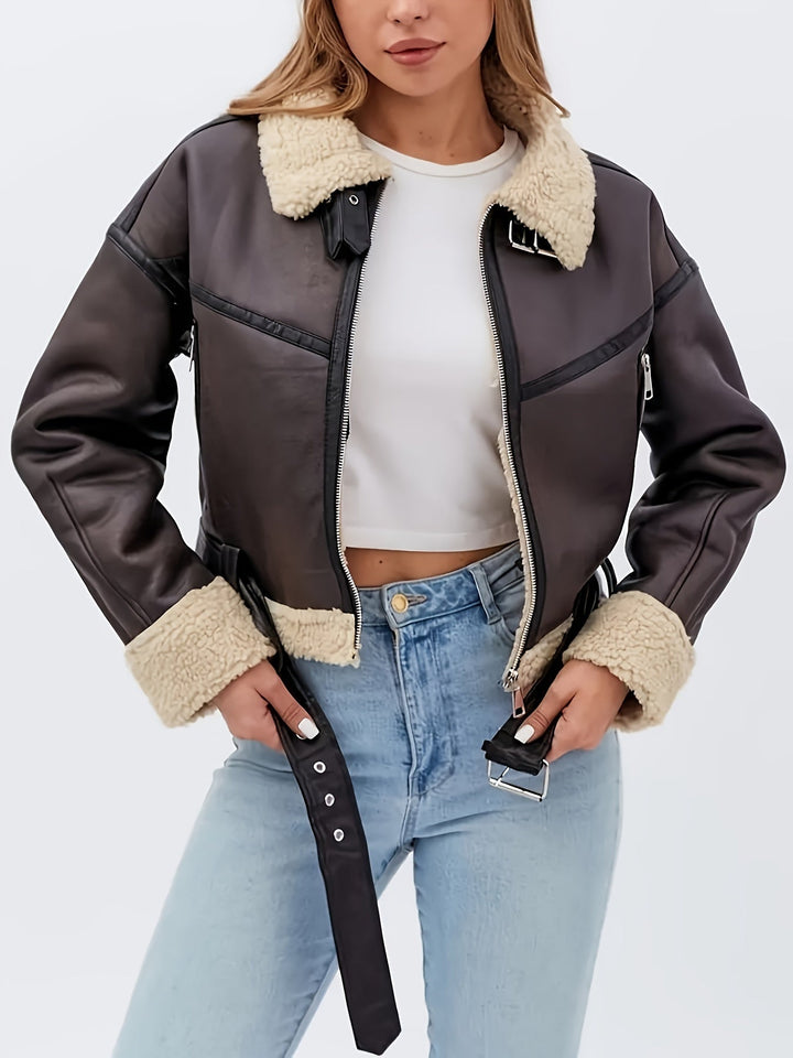 Brenda | Sherpa-Lined Belted Faux-Leather Moto Jacket for Winter