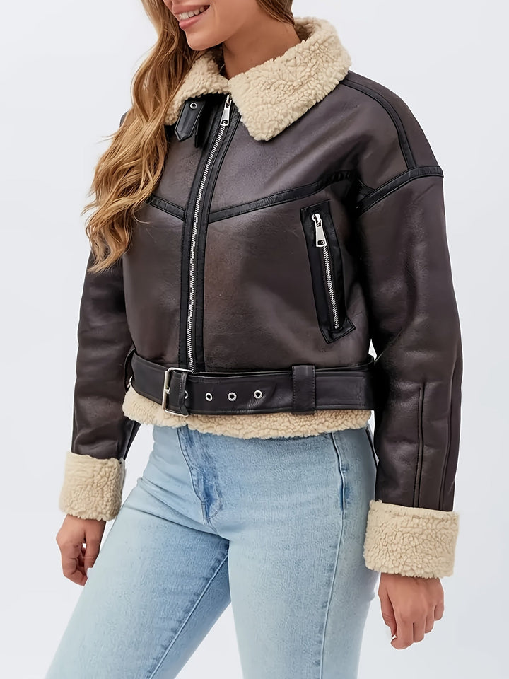 Brenda | Sherpa-Lined Belted Faux-Leather Moto Jacket for Winter