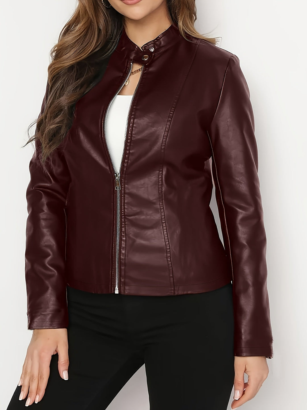 Rachel | Stand-Collar Faux-Leather Moto Jacket