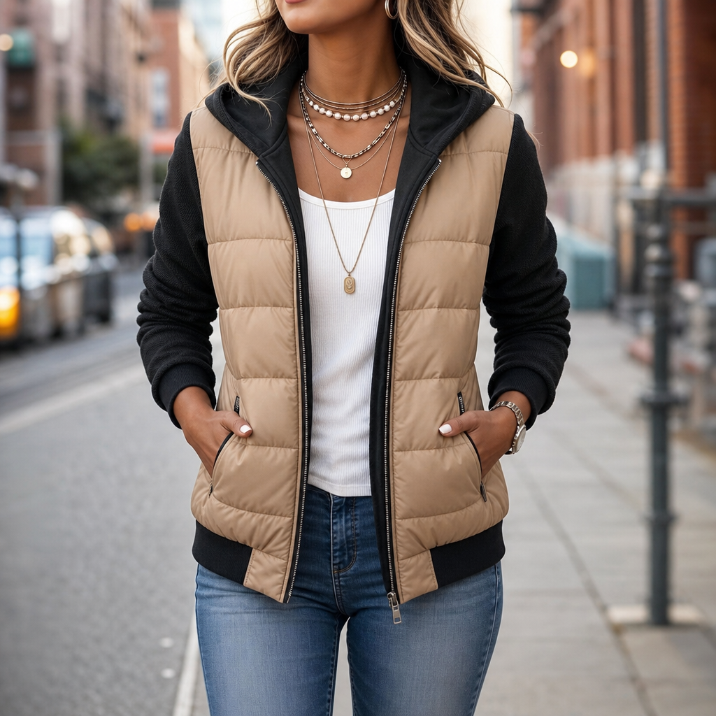 Molly | Knit-Sleeve Hooded Quilted Puffer Jacket
