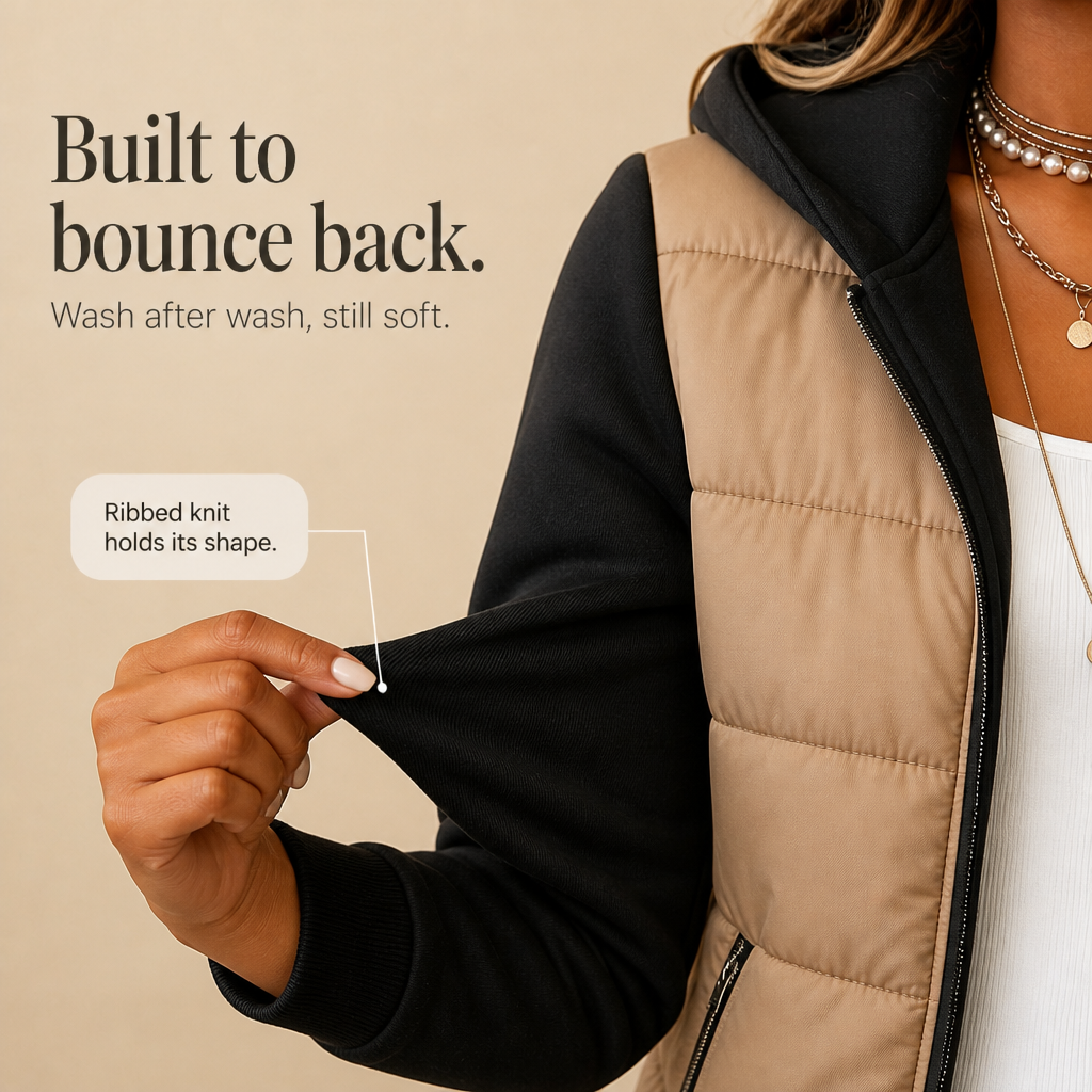 Molly | Knit-Sleeve Hooded Quilted Puffer Jacket