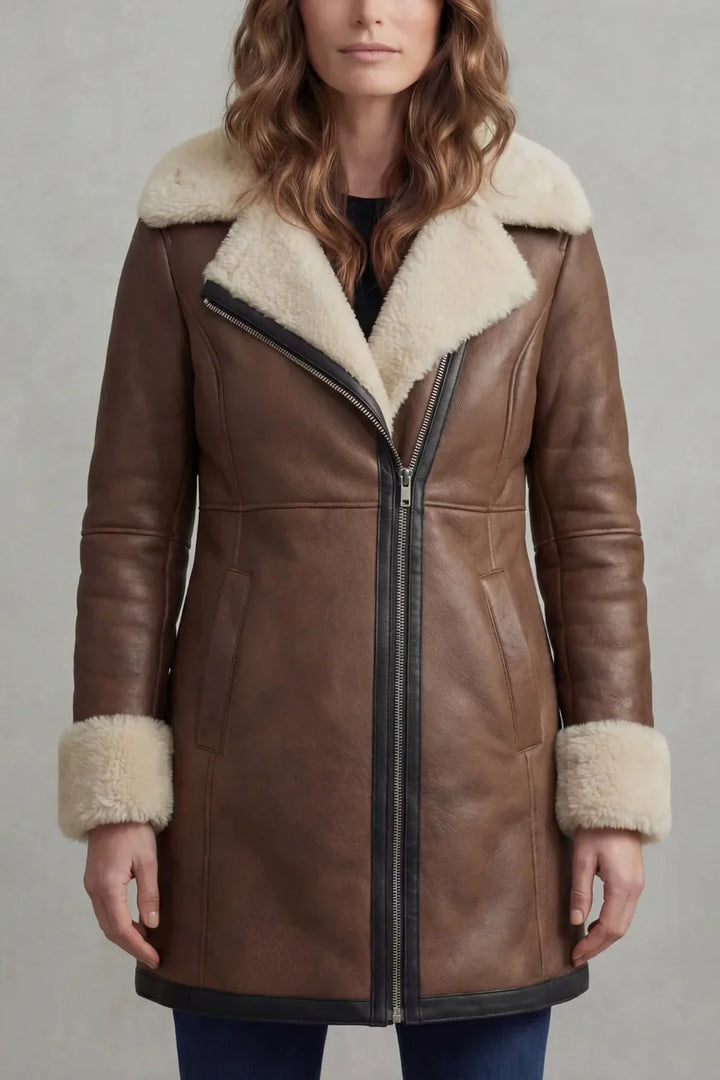 Cora | Shearling-Trim Asymmetric-Zip Leather Coat for Winter