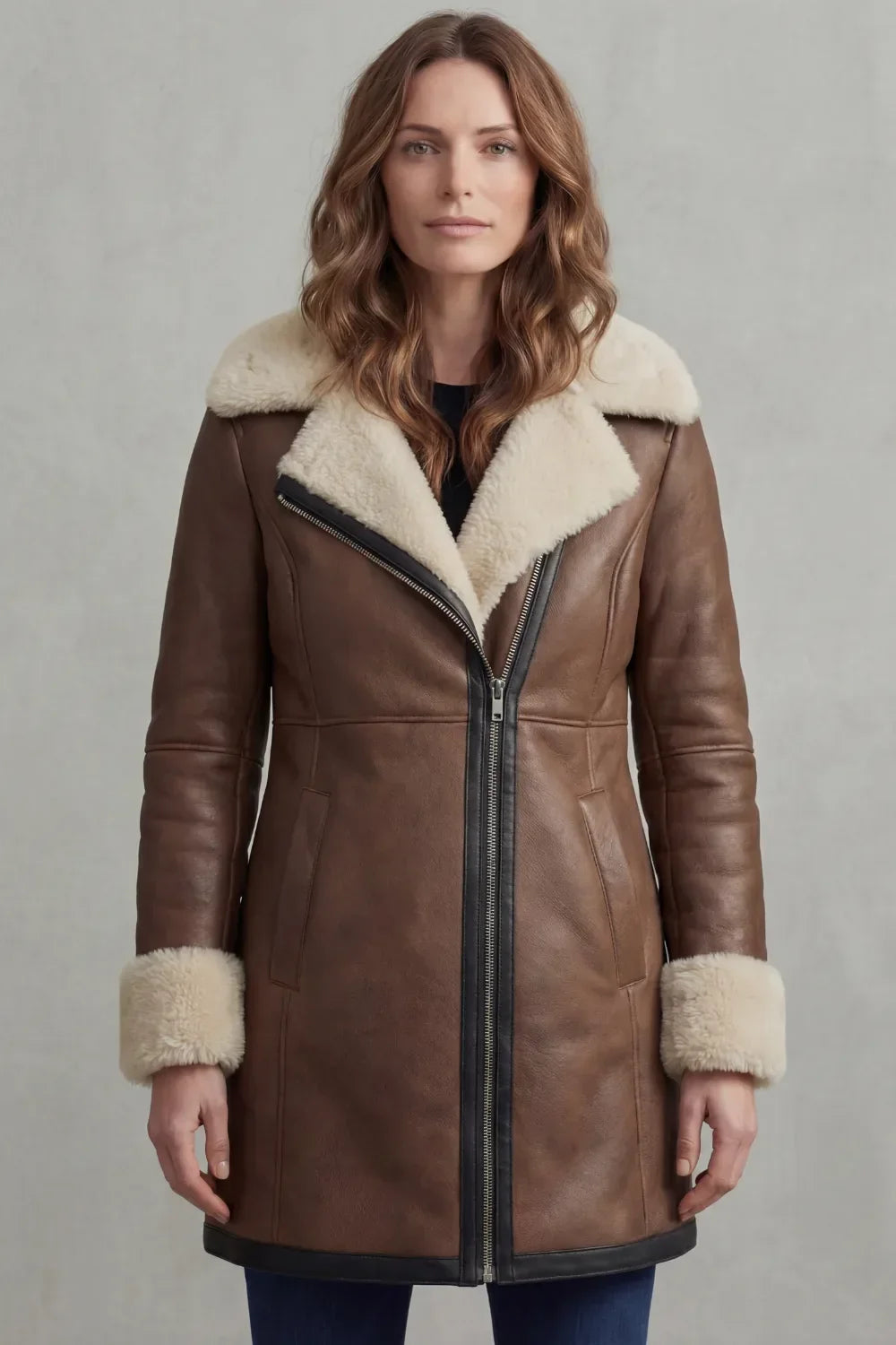 Cora | Shearling-Trim Asymmetric-Zip Leather Coat for Winter