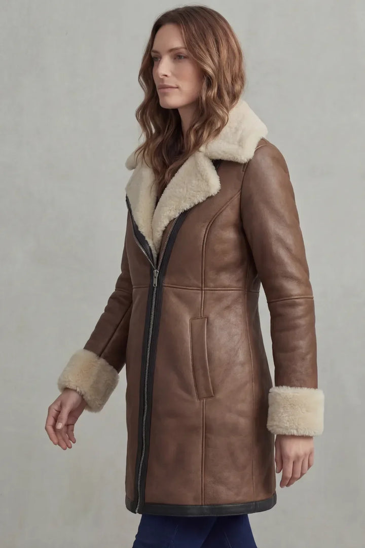 Cora | Shearling-Trim Asymmetric-Zip Leather Coat for Winter