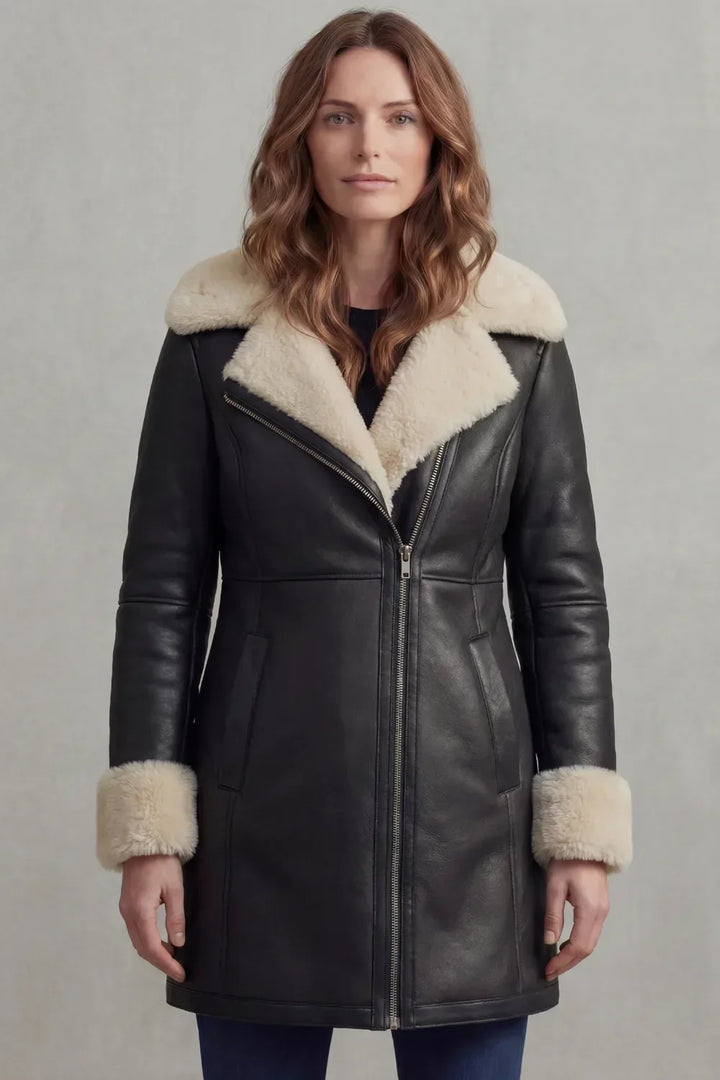 Cora | Shearling-Trim Asymmetric-Zip Leather Coat for Winter