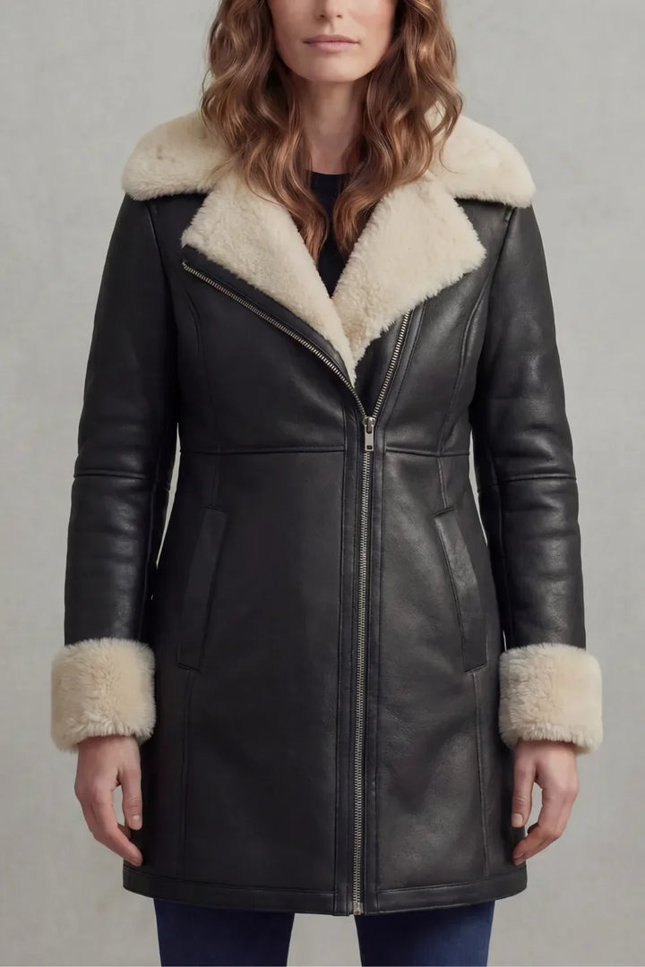 Cora | Shearling-Trim Asymmetric-Zip Leather Coat for Winter