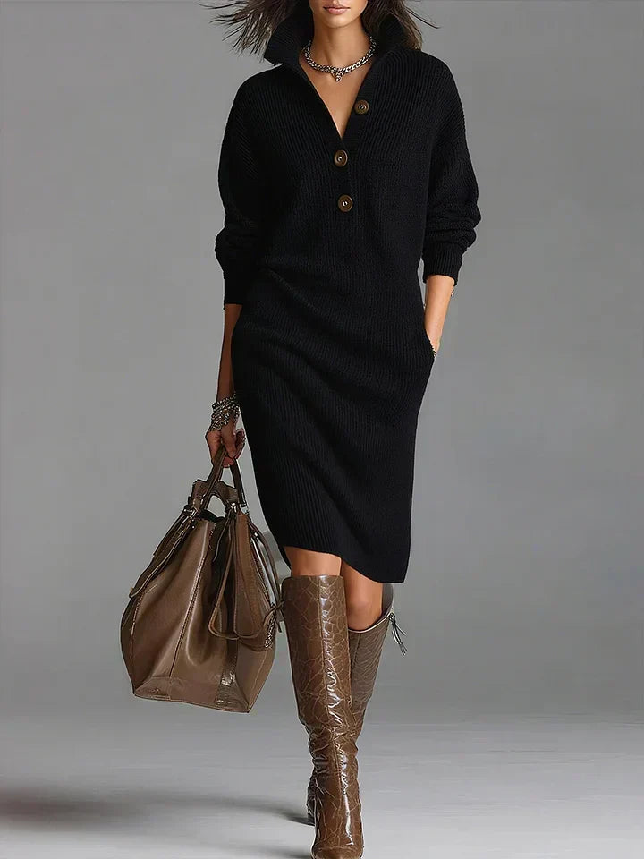 Fatima | Collared Ribbed-Knit Midi Sweater Dress for Fall