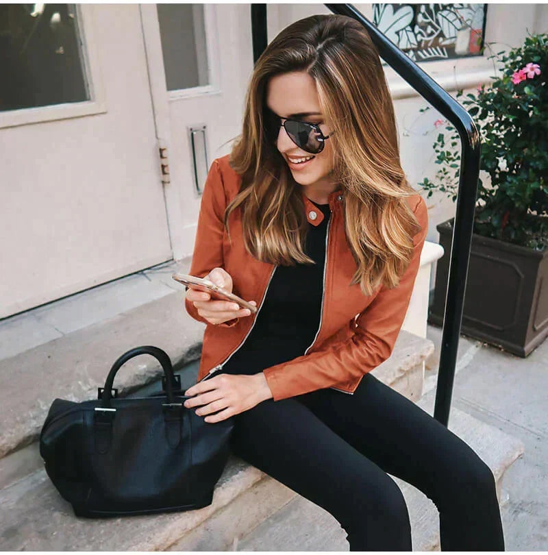 Diana | Band-Collar Slim-Fit Faux-Leather Jacket