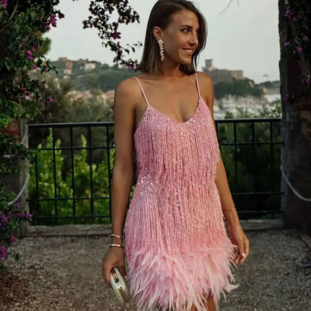 Doris | Feather-Hem Sequin Mini Cocktail Dress for Holiday Parties