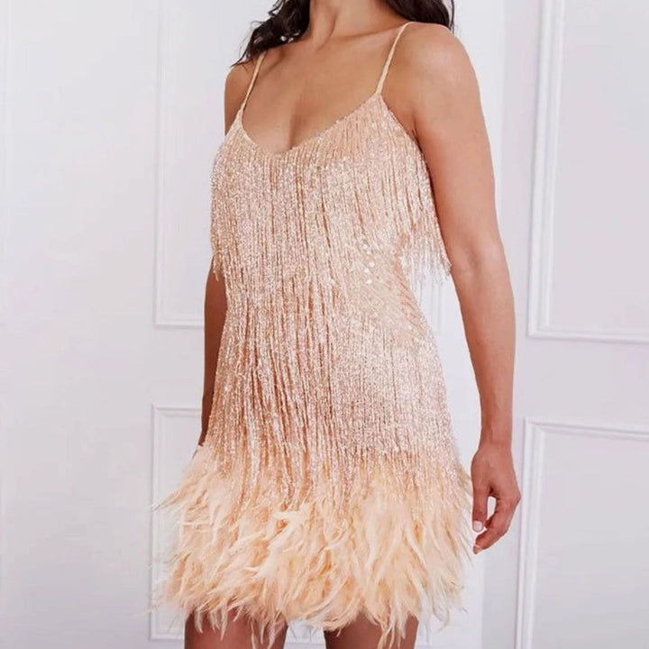 Doris | Feather-Hem Sequin Mini Cocktail Dress for Holiday Parties