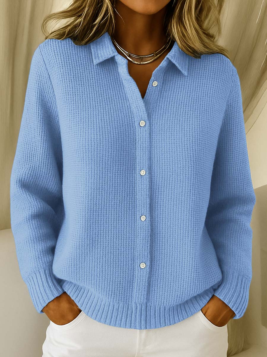 Nancy | Button-Front Ribbed-Trim Collared Sweater