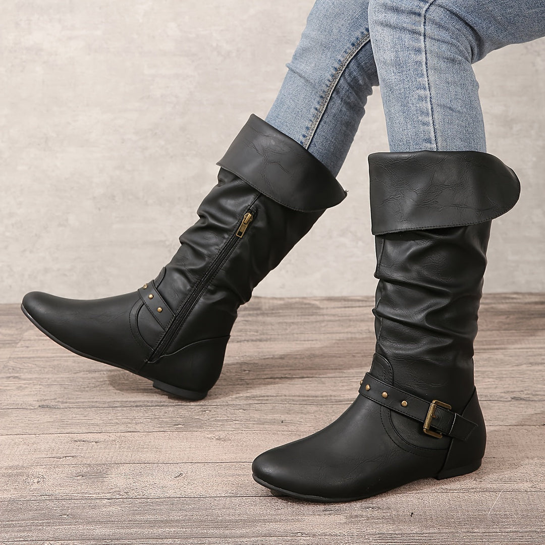 Danica | Ruched Studded-Buckle Knee-High Boots