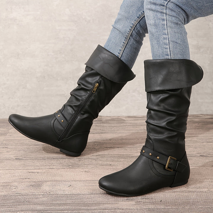 Danica | Ruched Studded-Buckle Knee-High Boots