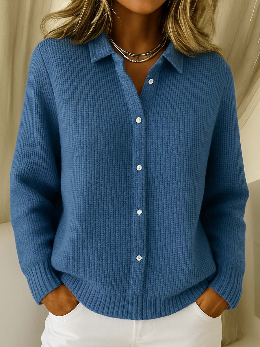 Nancy | Button-Front Ribbed-Trim Collared Sweater