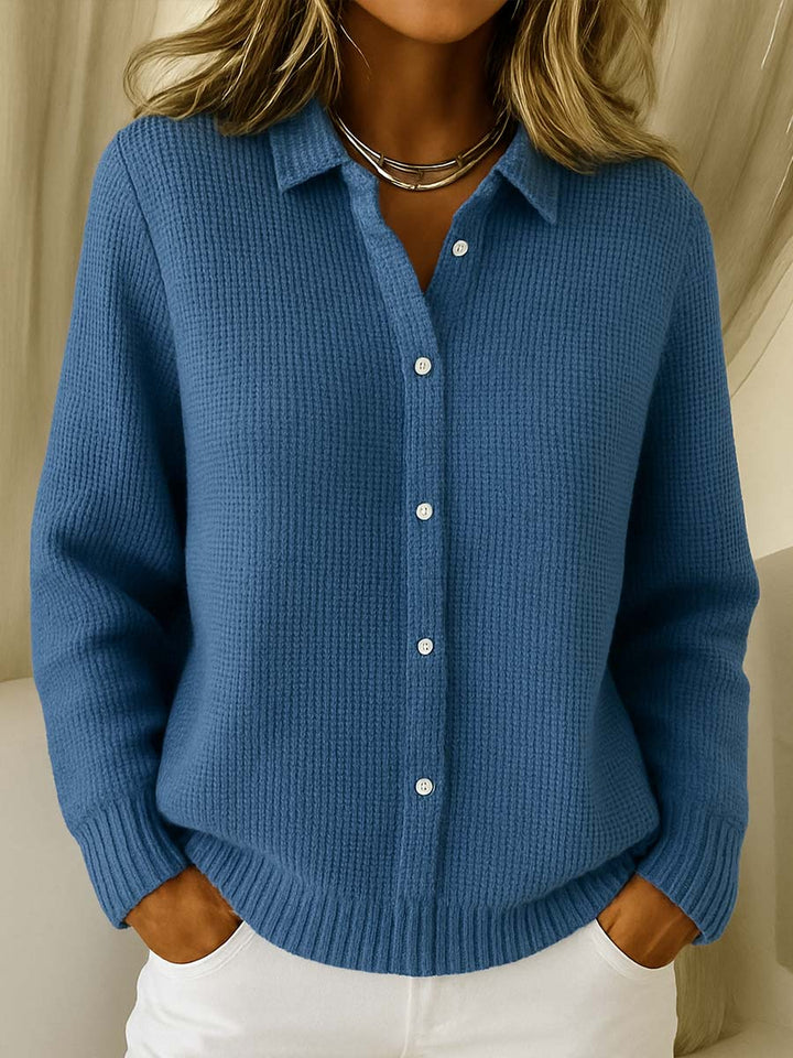 Nancy | Button-Front Ribbed-Trim Collared Sweater