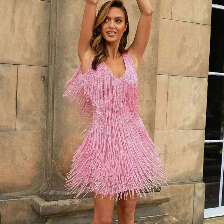 Fallon | Tiered Fringe A-Line Sequin Cocktail Dress
