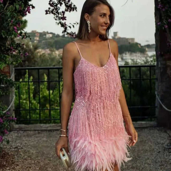 Faye | Feather-Trim Fringe Spaghetti-Strap Sequin Dress for Holiday Parties