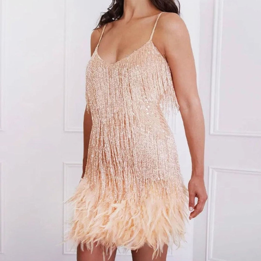 Faye | Feather-Trim Fringe Spaghetti-Strap Sequin Dress for Holiday Parties