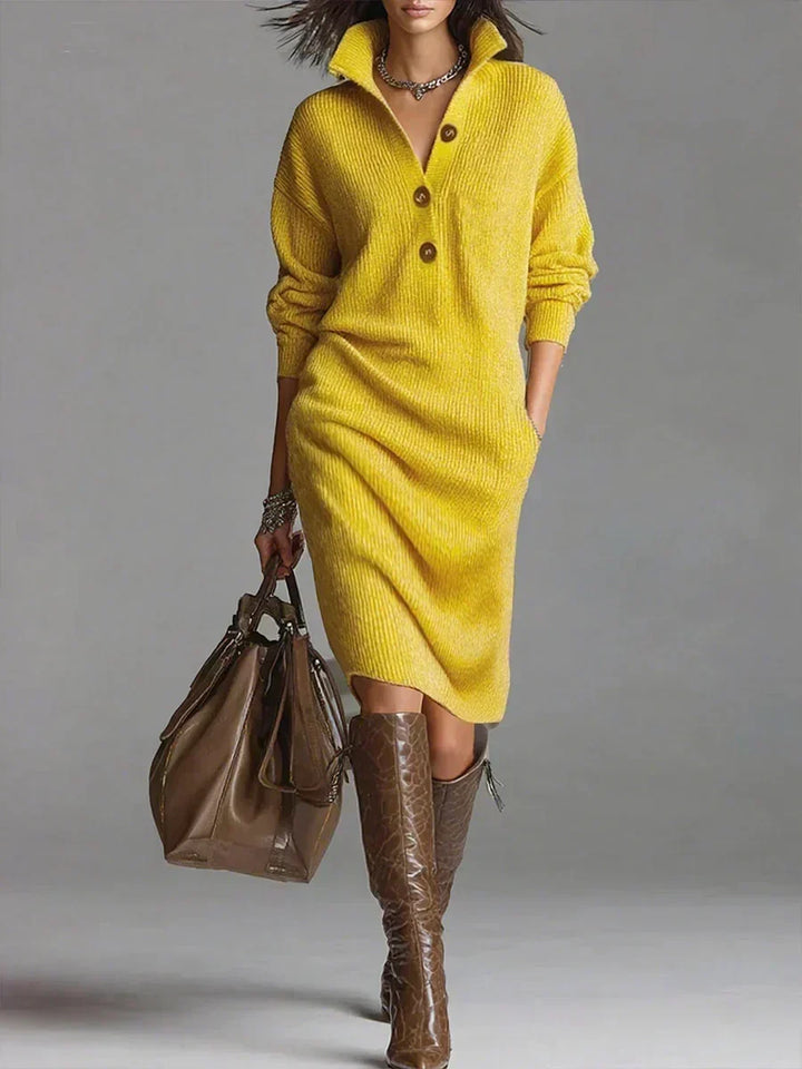 Fatima | Collared Ribbed-Knit Midi Sweater Dress for Fall