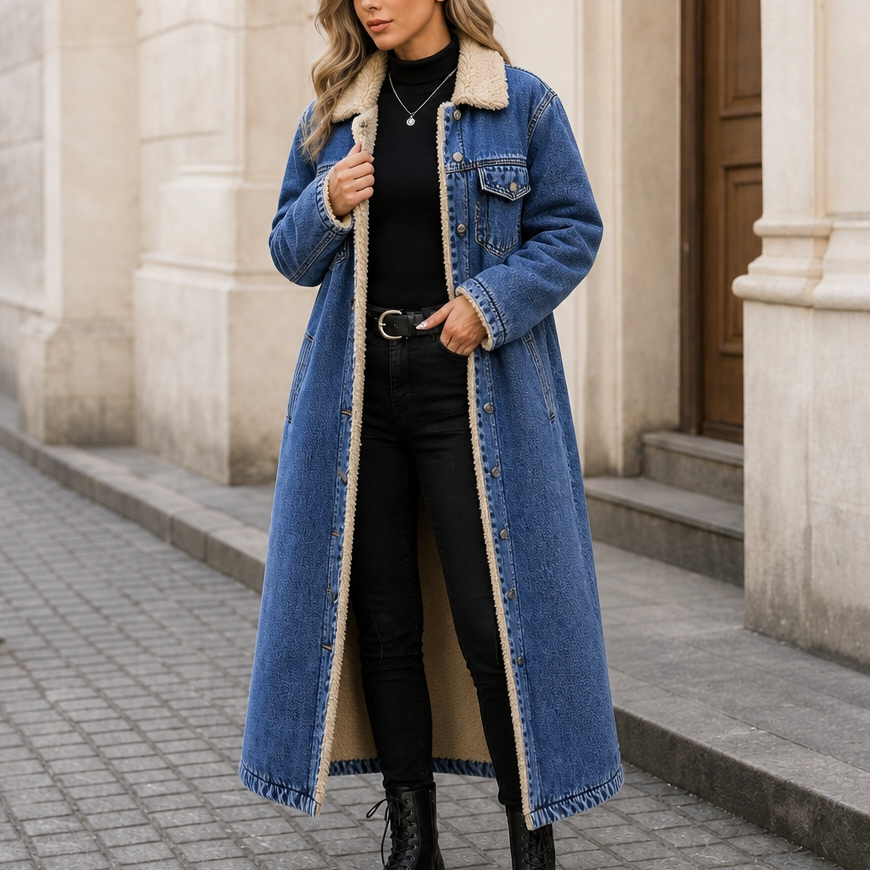 Jenny | Sherpa-Lined Long Denim Winter Coat