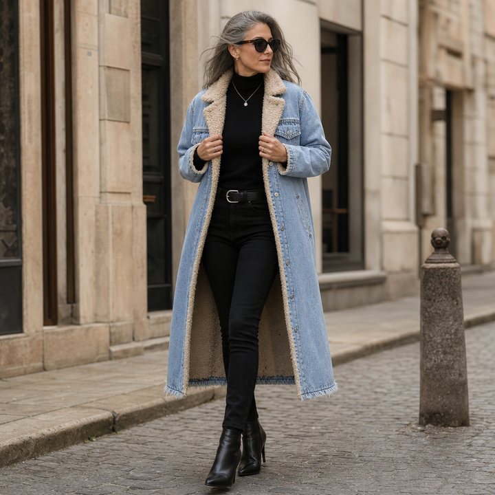 Jenny | Sherpa-Lined Long Denim Winter Coat