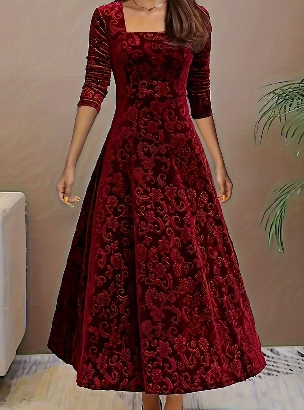 Josephine | Floral Embossed Square-Neck Velvet Dress for Holiday Parties