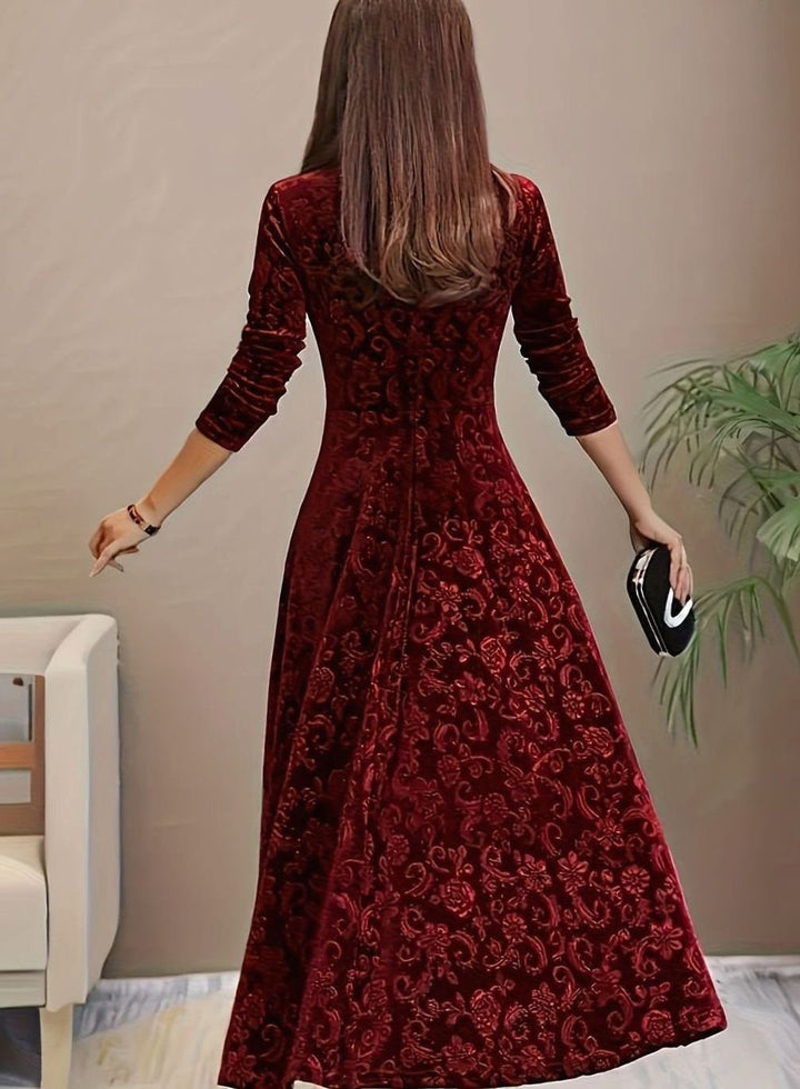 Josephine | Floral Embossed Square-Neck Velvet Dress for Holiday Parties