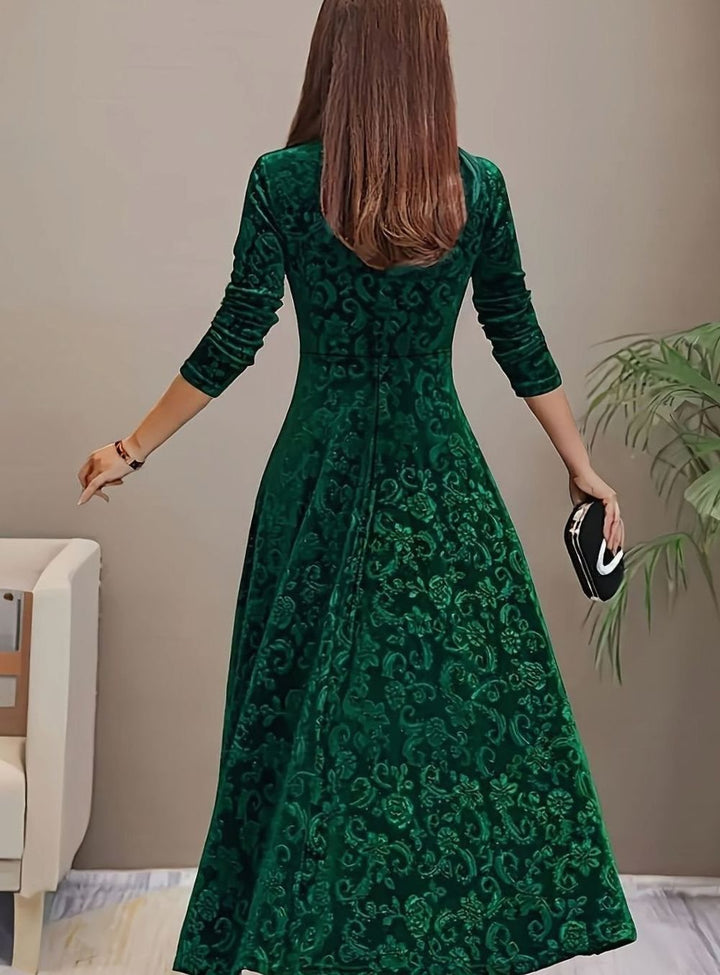 Josephine | Floral Embossed Square-Neck Velvet Dress for Holiday Parties