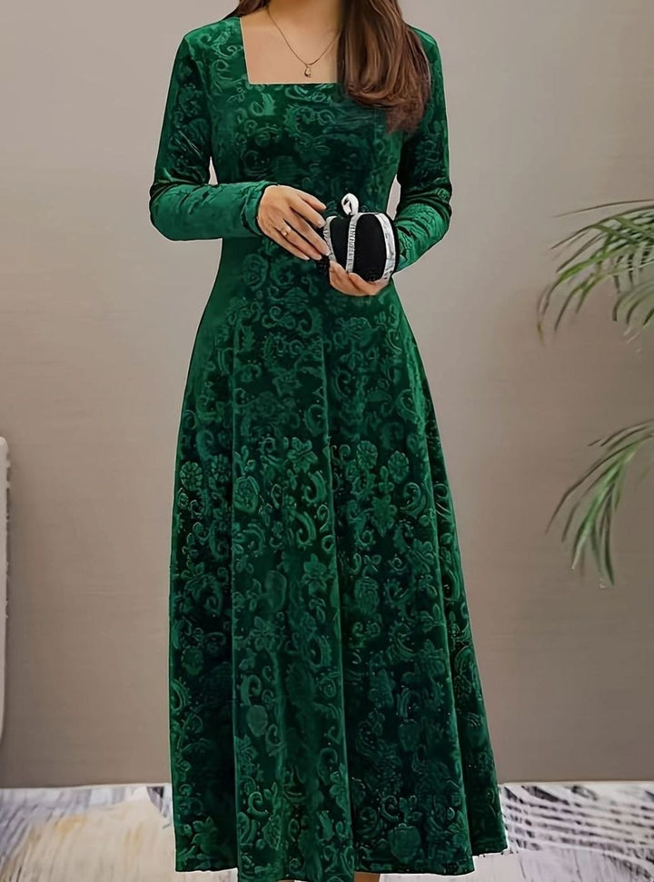 Josephine | Floral Embossed Square-Neck Velvet Dress for Holiday Parties