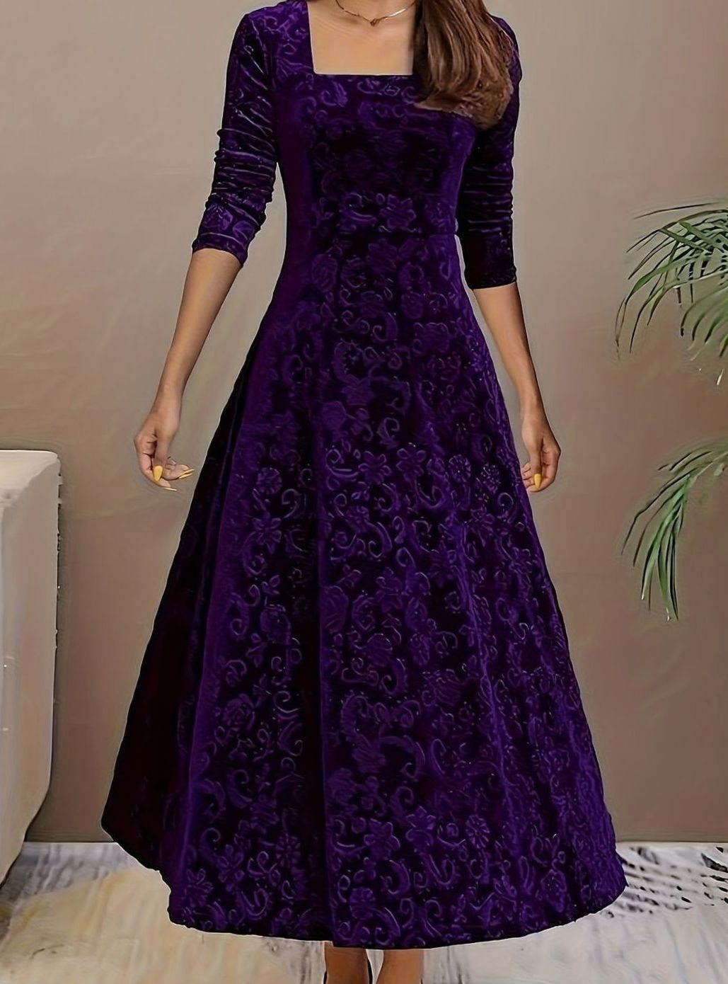 Josephine | Floral Embossed Square-Neck Velvet Dress for Holiday Parties